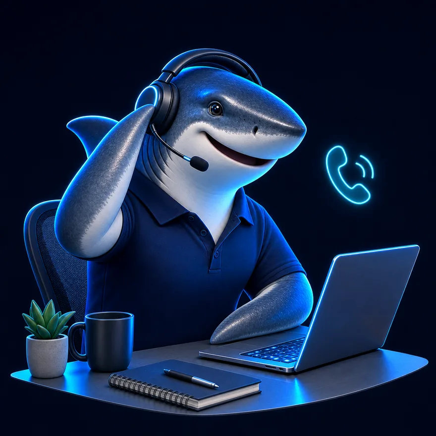 The SharkStrat AI receptionist mid-call, one fin on the headset